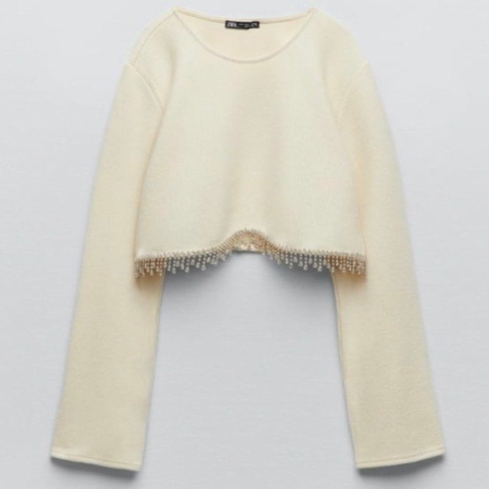 Zara Soft Ribbed Fuzzy Cropped Sweatshirt Top with Hanging Rhinestone Detail - Picture 4 of 15